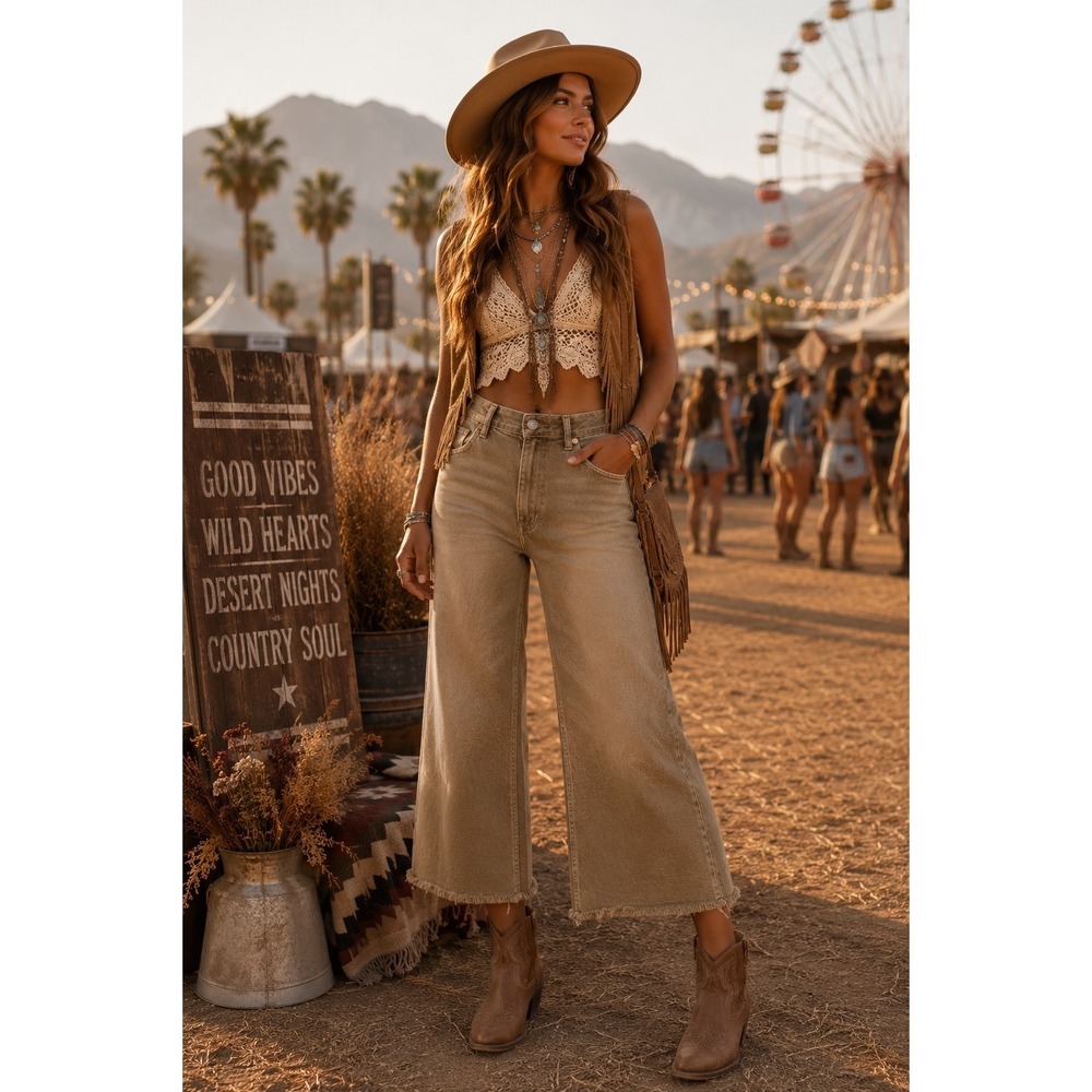 TNR Wide Leg Cropped‎ Jeans Raw Hem Tan Western Boho Festival Coastal Cowgirl 29